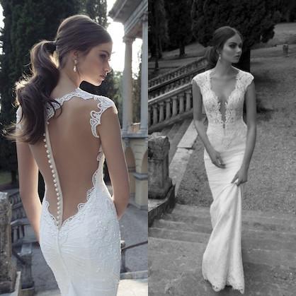 New Berta Winter 2015 Lace Wedding Dresses With Deep V Neck Sheer Illusion Back Sheath Sweep Train Covered Button Custom White Bridal Gowns