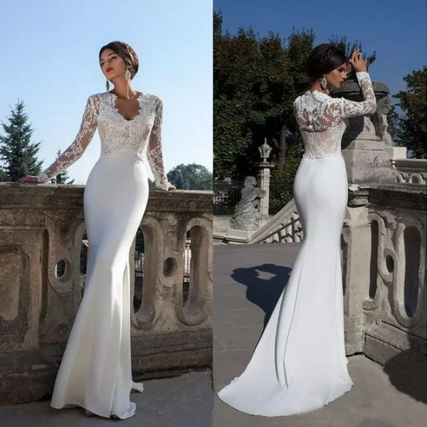 Long Sleeves Sheath Wedding Dresses V Neck Lace Appliques Illusion Spring Summer Bridal Gowns Vestidos De Noiva