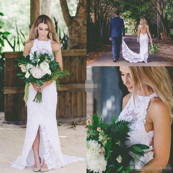 2017 Sexy Bohemian Lace Backless Wedding Dresses High Neck Spring Summer Front Split 2016 Cheap Garden Beach Simple Bridal Wedding Gowns