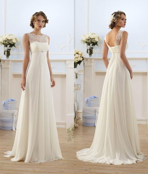 Elegant Sheath Wedding Dresses A Line Sheer Neck Capped Sleeve Empire Waist Floor Length Chiffon Cheap Summer Beach Bridal Gowns BO8190
