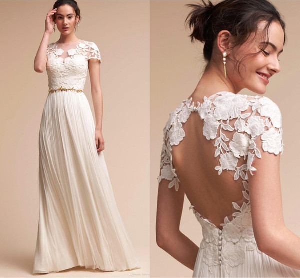 Ivory Summer Beach Bohemian Sheath Wedding Dresses Empire Waist Short Sleeves Lace Wedding Bridal Gowns Floor Length Backless Bridal Gown