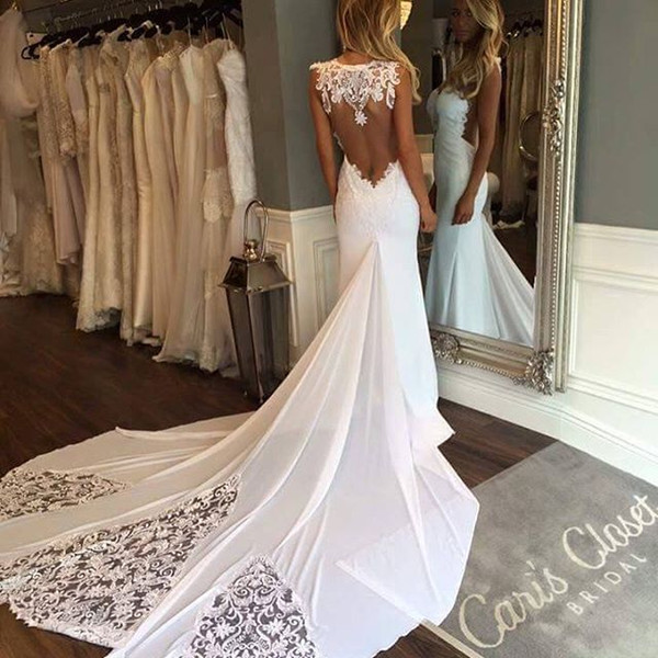 Summer Garden Beach Mermaid Wedding Dresses 2017 Sweetheart Illusion Bodice Court Train White Chiffon Lace Bridal Gowns Vestidos De Novia