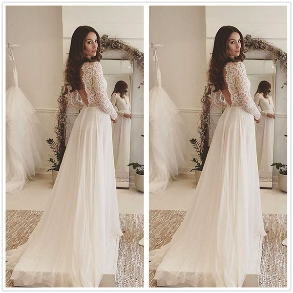2017 Sexy New Elegant Sheer Long Sleeves Lace Vintage Wedding Dresses Chiffon Backless Sheath Floor Length Bridal Wedding Dresses