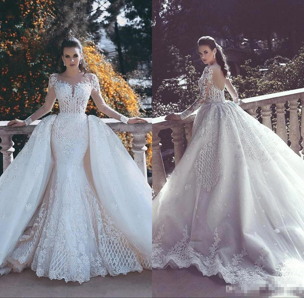 New Backless Mermaid Lace Wedding Dresses With Detachable Train Long Sleeves Beaded Tulle Overskirt Dubai Arabic Bridal Gowns