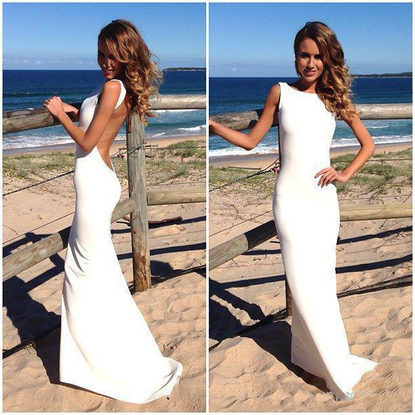 Hot Simple Beach Wedding Dresses Crew Neck Full Length Backless Satin Seaside Brdial Gowns Custom Made