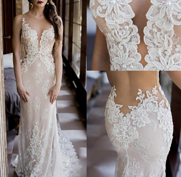 Sheer Applique Lace Modest Wedding Dresses 2017 Pearls Elegant Illusion Back Jewel Ivory Sheath Illusion Country Bridal Gowns Flare