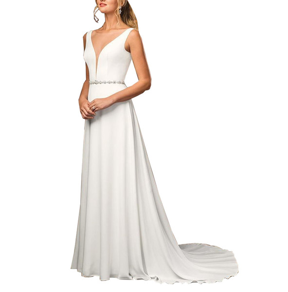 Setwell Deep V-neck A-line Wedding Dress Sleeveless Sexy V-back Waist Beaded Floor Length Short Train Bridal Gown