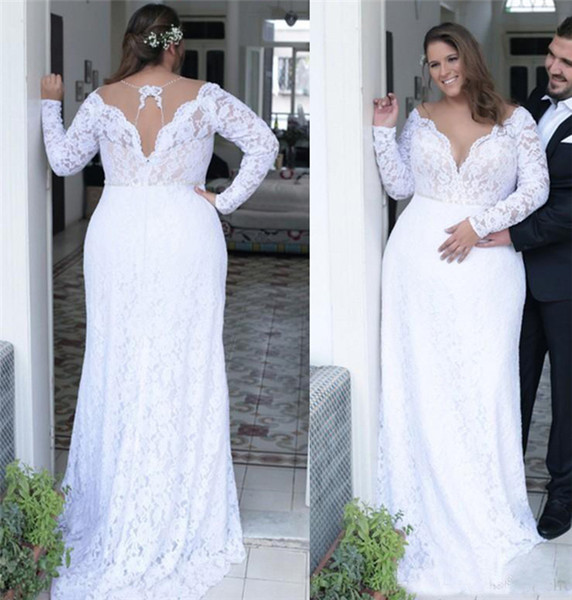 Sexy Lace Plus Size Wedding Dresses Deep V Neck Sheath Long Sleeves Bridal Gowns Sweep Train Women Wear