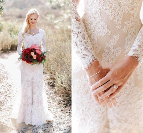 Romantic Lace Sheath Wedding Dress Modest Unique Long Sleeves Country Garden Bride Bridal Gown Custom Made Plus Size