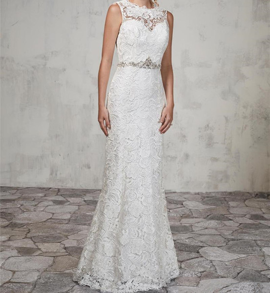 Elegant White Lace Sheath Wedding Dresses Floor Length Bridal Gowns With Beads Belt Buttons Back Bridal Dresses Robe De Mariée