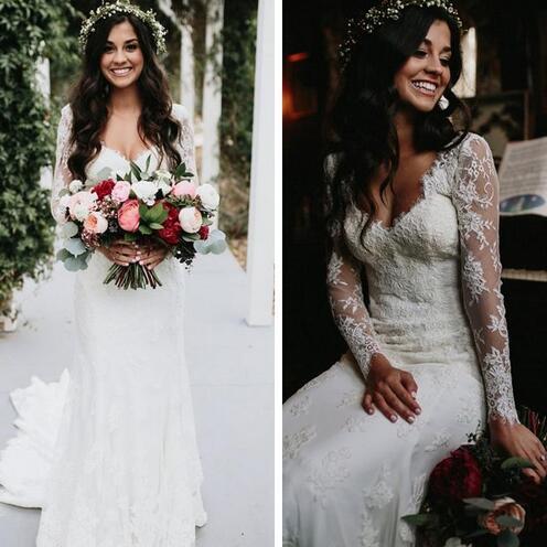 Simple V Neck Lace Beach Wedding Gowns Long Sleeves Sweep Train Applique Sheath Bridal Dress