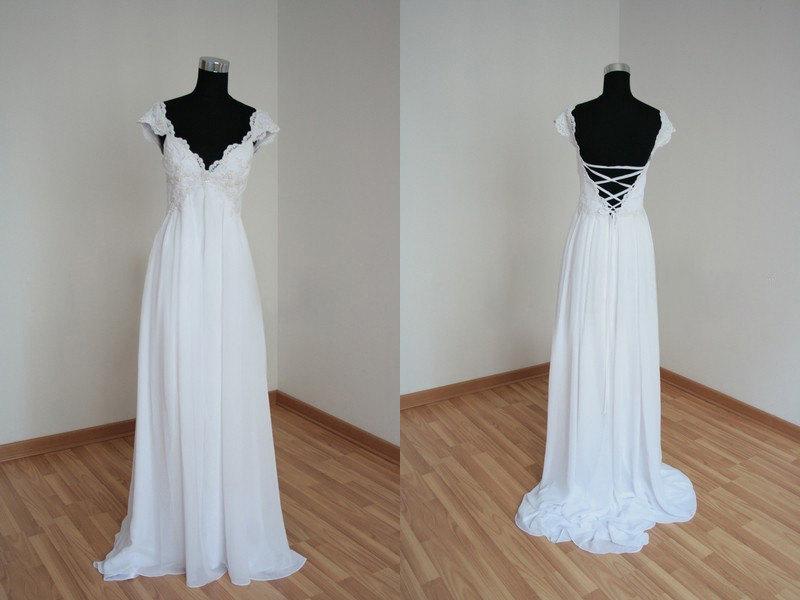 Simple Cheap Beach Backless Lace Wedding Dresses Ivory Sheath V Neck Open Back Capped Sleeveless Sweep Train Chiffon Beaded Bridal Gowns