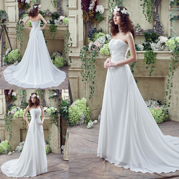 New Real picture Beach Chiffon Wedding Dresses With Draped A Line Ruffles Applique Beaded Vestidos de Novia Grace white /ivory Bridal Gowns