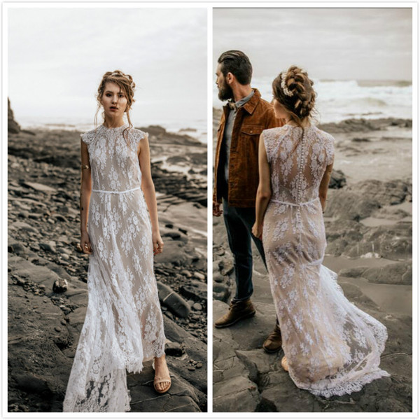 Illusion Lace Arabic Beach Wedding Dresses Crew Sheath Sexy Bridal Dresses Cheap Elegant Wedding Gowns