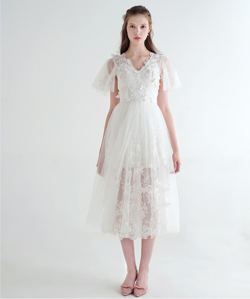V-neckline 3D-Floral Appliques T-length short sleeve hand flower two tiers zipper chiffon simple beach Sheath Wedding Dresses