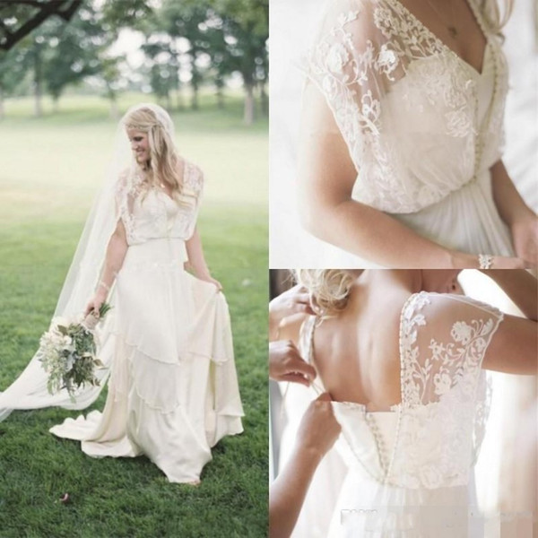 Elegant Summer Beach Wedding Dresses With Applique Lace Bohemian Bridal Gowns Sweep Train Sweetheart Tired Chiffon Cheap vestidos de novia