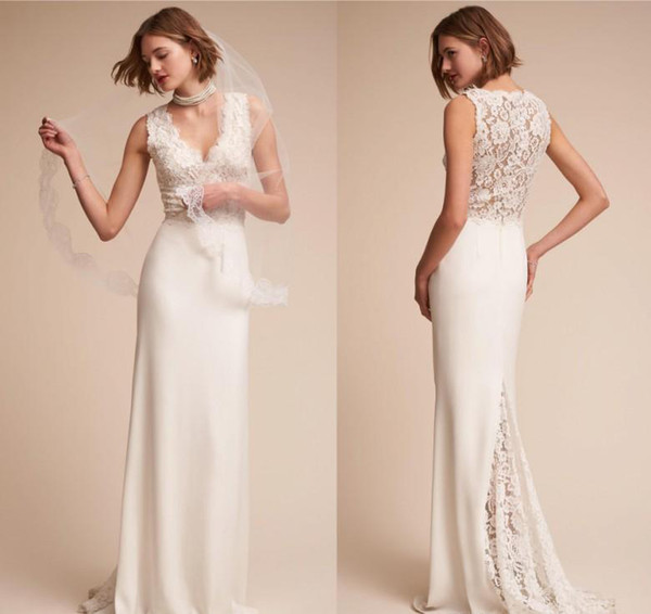 2017 Exquisite Illusion Lace Appliqued Wedding Dress Modern Beach Sheath V Neck Long Bridal Gown Custom Made Plus Size