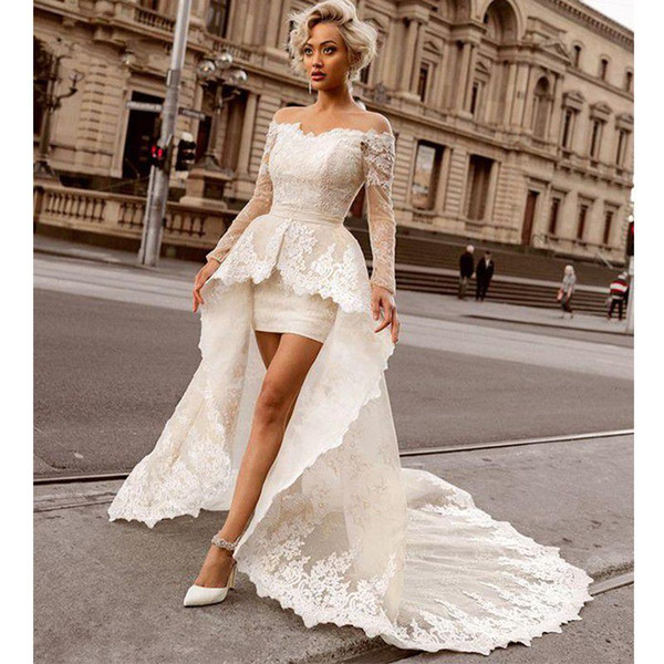 Above Knee Mini Sheath Lace Wedding Dresses with Detachable Train Sexy Off the Shoulder Long Sleeve Bridal Wedding Gowns