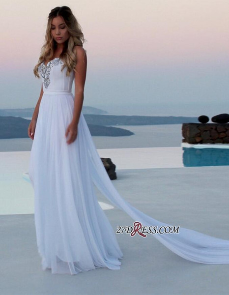 Plus Size Chiffon Beach Crystal Wedding Dresses White A-Line Bridal Gowns With Panel Train