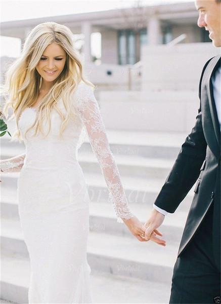 Lace Wedding Dresses Ivory White Bohemian Long Sleeve Sheath Bridal Gown Custom