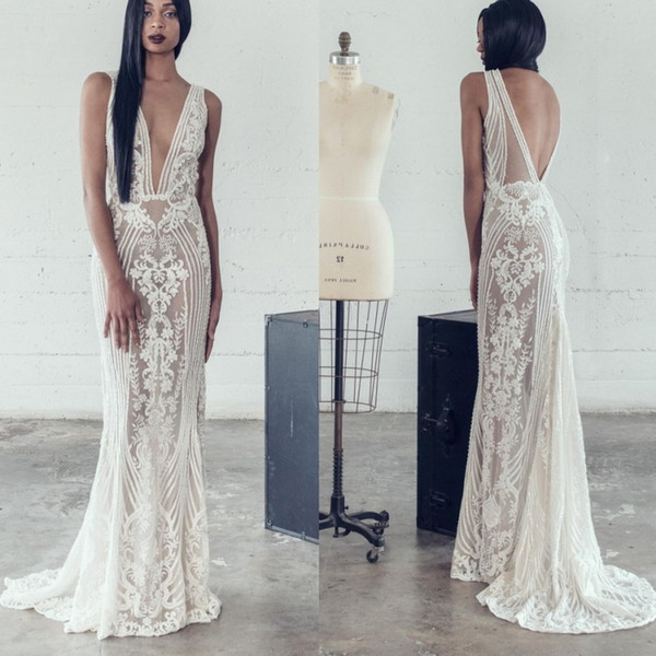 Adam Zohar Plus Size Wedding Dresses Lace Applique Floor Length V Neck Backless Illusion Bodice Sheath Bridal Gowns