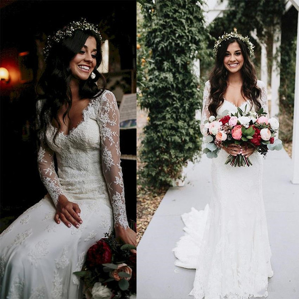 Summer Bohi Country Full Lace Wedding Dress Plugging V Neck Long Sleeve Applique Floral Beach Bridal Gowns Plus Size berta bridal
