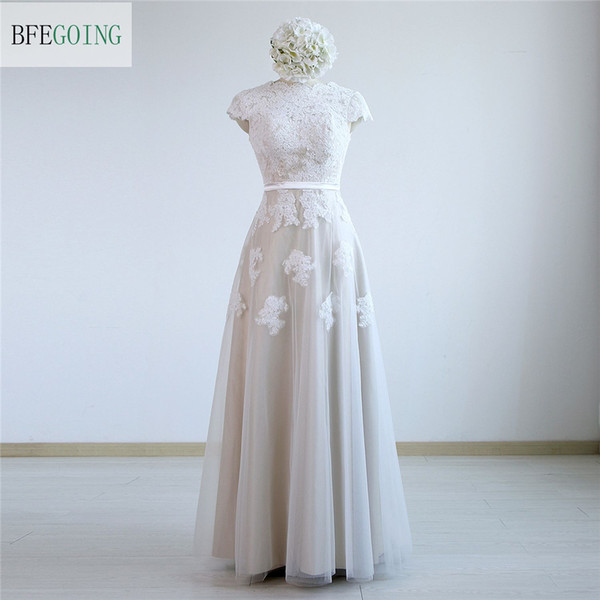 Champagne Real Photos Sheath Scalloped Tulle Lace Appliques Capped Stain Sashes Sexy Open Back Wedding Dress Floor-Length Bridal Gowns