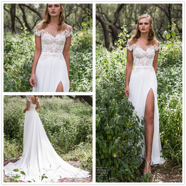 Sexy New Sheer Cap Sleeves Chiffon Bohemia Wedding Dresses Tulle Lace Top Split Summer Beach Bridal Wedding Dresses