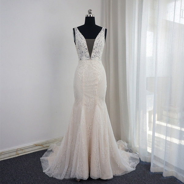 Crystal Bead Sequins Mermaid Wedding Dresses Deep V-neck Champagne Tulle Elegant Sexy Bridal Gowns With Sash Vestidos