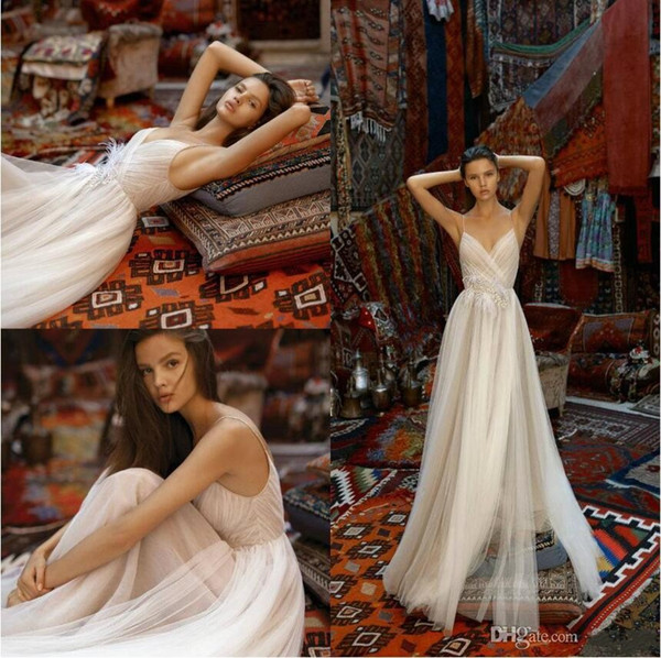 Liz Martinez Wedding Dresses Spaghetti Backless Bohemia Boho Bridal Gowns With Feathers A Line Wedding Dress Beach robe de mariee Cheap