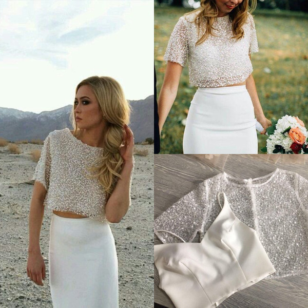 Vintage 2 pieces Beach beaded wedding dress sheath Jewel Neckline Modest bodice Bridal Gowns Short Sleeve Heavily Bohemian Wedding dresses