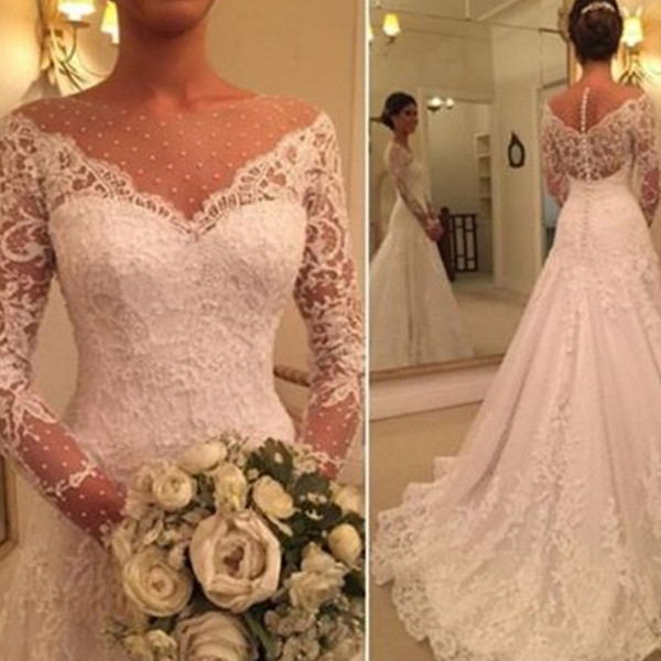 Latest Sheer Long Sleeve Wedding Dresses Sheath Lace Corset Bridal Gowns Vintage Custom Made Robe De Mariage