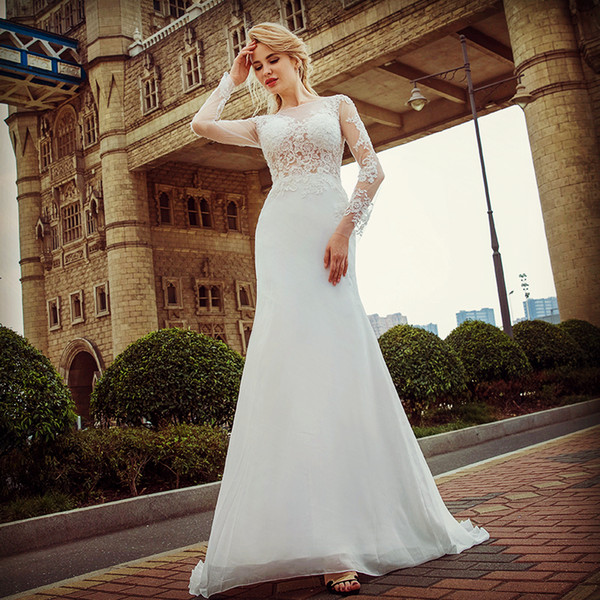 Long Sleeves Lace Organza Sheath Wedding Dress Bateau Neck Wedding Gowns Button Back Bridal Gowns
