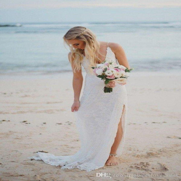 Elegant Leg Split Deep Wedding Dresses V Neck Lace Appliques Sleeveless Backless Long Summer Beach Bridal Gowns