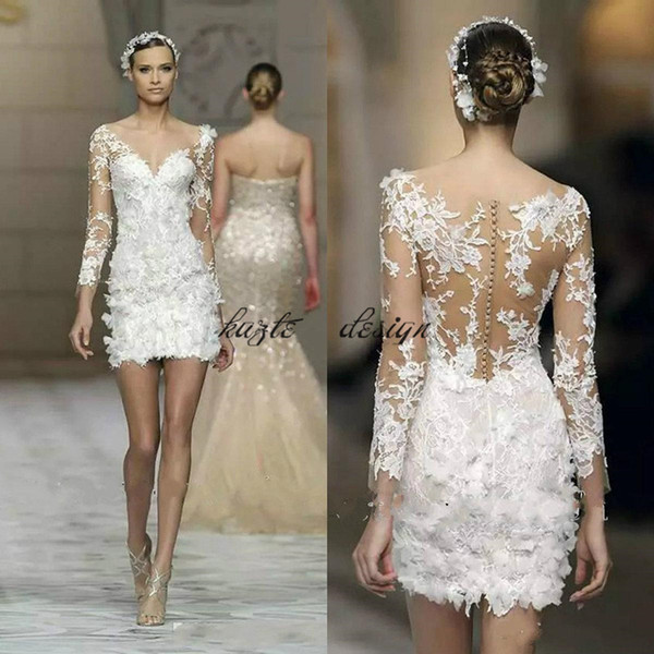Short Wedding Dresses Long Sleeve Lace 3D Applique Illusion Cheap Wedding Gowns Sheath Custom Made Sexy Beach holiday Wedding Dress