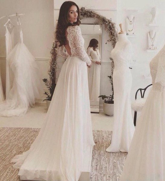 Lace and Chiffon Beach Wedding Dress Long Sleeve Rustic Wedding Dress Vestidos De Noivas Para Casamento Backless Chiffon Bridal Dresses