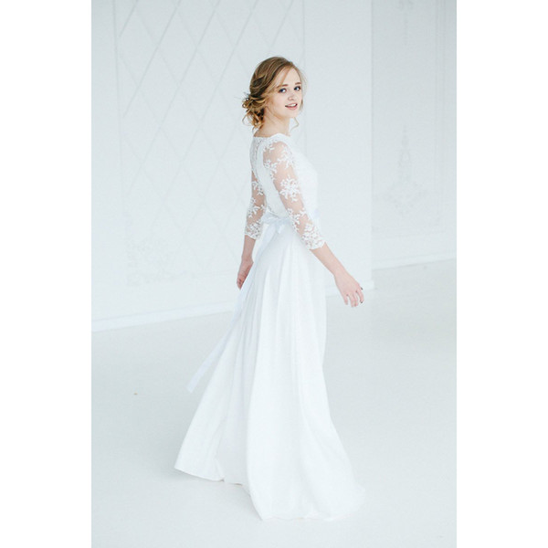 Best Sale Sheath Scoop Long Sleeve Satin With Sashes Bridal Gowns Lace Illusion Floor-Length Wedding Dress