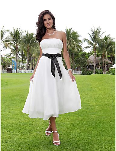 Simple White Chiffon Strapless Tea-Length Sheath Wedding Dresses Wedding Attire Dresses Bridal Dresses Custom Size 2 4 6 8 10-20 W219001
