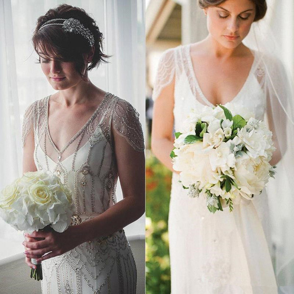 Great Gatsby Luxury Crystal Ggarden Wedding Dresses Modest Cap Sleeve full Beaded Country Bohemian Bridal Dress jenny packham