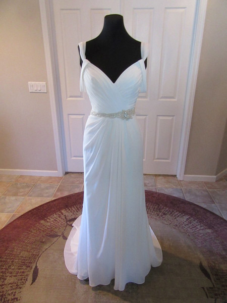 Actual Photos Chiffon Bridal Gown Sweetheart Draped Off Shoulder Sleeves Beaded V Back Custom Made Summer Beach Wedding Dress