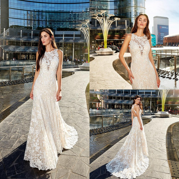 Glamorous Champagne Mermaid Wedding Dresses Jewel Neck Lace Sweep Train Boho Wedding Gowns Sexy Back Beach Bridal Dress