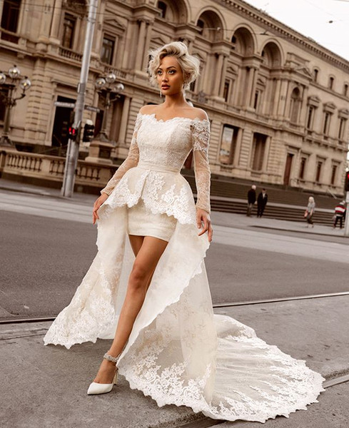 Off the Shoulder Lace Wedding Dresses Sleeves High Low Summer Beach Wedding Gowns Sheath Skirt Bridal Wedding Wear abiti da sposa