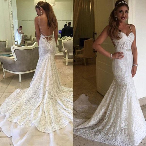 Sexy Mermaid Spaghetti Backless Lace Bridal Gown Elegant Custom Made Wedding Party Dresses with Long Train Free Ship