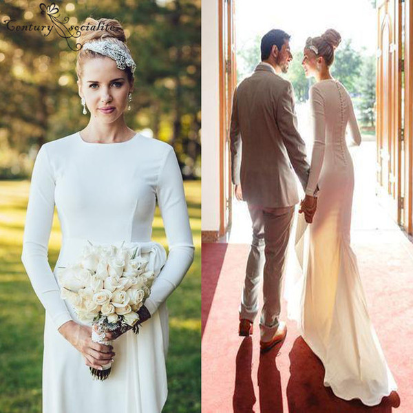 Spring Simple Wedding Dresses Long Sleeves Button Back Soft Satin Floor Length Country Bridal Gowns Robe De Mariee