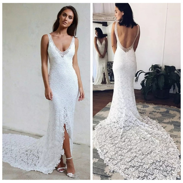 V-Neck Sheath Lace Appliques Wedding Dresses Sexy Split Front Custom Beach Bridal Gowns Formal Long Vestidos De Marriage Bohe