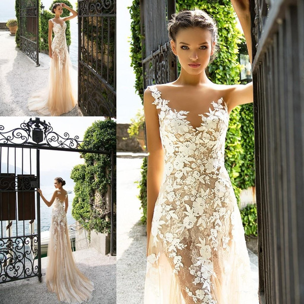 Milla Nova Champagne Sleeveless Sheath Wedding Dresses V Neck Lace Appliques Garden Beach Bohemian Plus Size Sheer Back Bridal Gowns