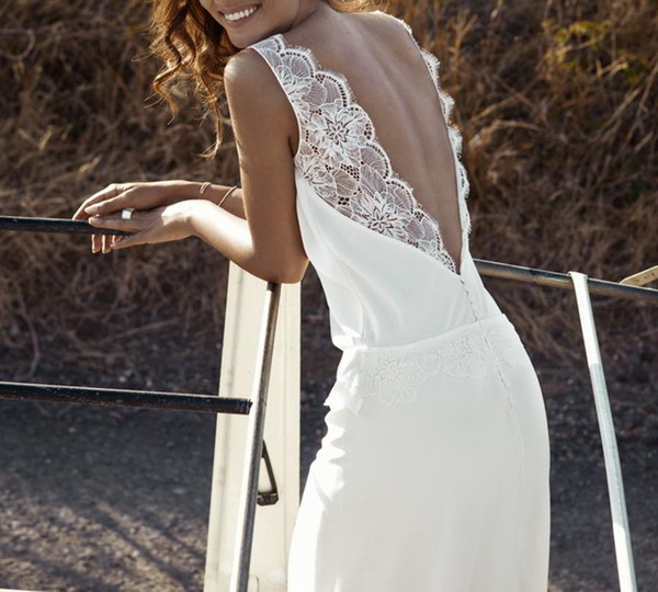 Simple Vintage Satin Wedding Dress with Lace V-Neck Sleeveless Illusion Backless Sheath Column Bridal Gown Ivory Modest