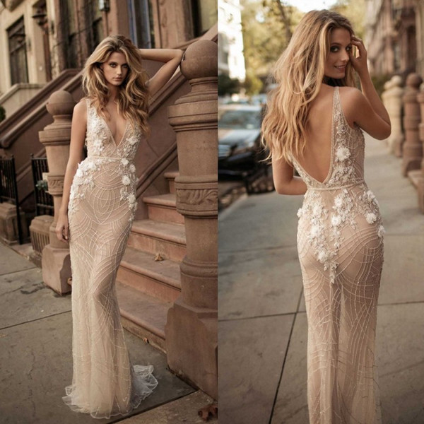 Berta 2017 Sheath Illusion Wedding Dresses Backless Plunging Neckline 3D-Floral Appliques Beads Bridal Gowns Custom Made Wedding Dress