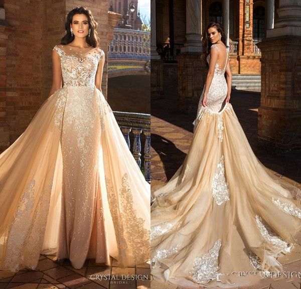 Hot Sale Vintage Wedding Dresses Sheath Jewel Backless Short Sleeve Detachable Train Net Lace Applique Beaded Bridal Gowns