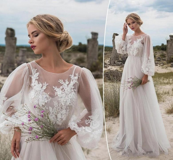 New Arrival Boho Wedding Dresses Long Sleeves Lace Appliques Tulle Floor Length Beach Bridal Gowns Cheap Bohemian Wedding Dress E56